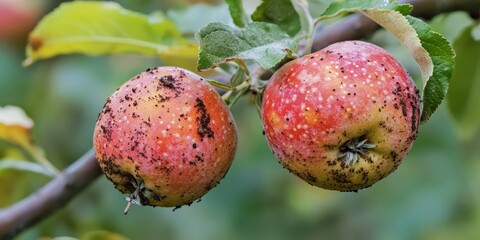 Apple scab is a prevalent plant disease affecting members of the rose family, caused by the ascomycete fungus Venturia inaequalis, commonly observed in orchards. Macro details highlight apple scab s