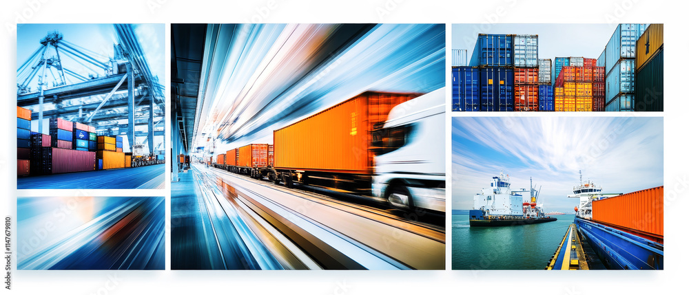 Poster dynamic visual representation of cargo transportation showcasing multiple vehicles and logistics ele