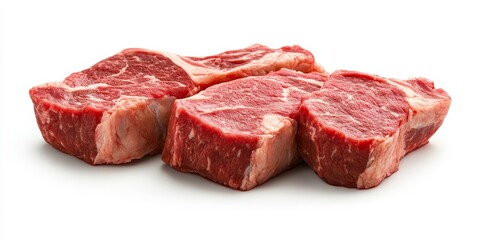 Obraz premium Fresh beef steak isolated with a clipping path on a white background, showcasing raw, fatty, marble meat in close up detail. This fresh beef steak highlights the rich texture and quality.