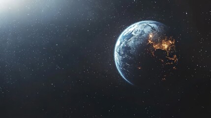 Obraz premium Earth from space, sun rays, night lights.