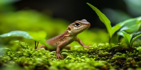 A small brown lizard can be spotted hiding among the lush green moss, showcasing the beauty of animals in their natural habitat. This small brown lizard exemplifies wild nature perfectly.