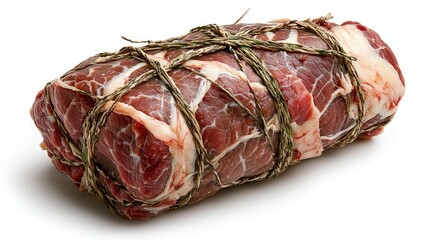 Obraz premium Raw pork collar roast tied with butcher twine isolated on a white background.