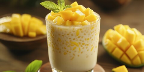 Mango Sago Dessert features a delightful blend of puree mango, sago pearl, and coconut milk, beautifully topped with sliced mango for an irresistible treat of mango flavors.