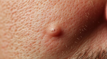Fototapeta premium Close-up of tiny small, hard bumps on facial skin, showing textured surface and uneven skin appearance. These bumps, often caused by conditions like acne or clogged pores, appear as raised, firm spots