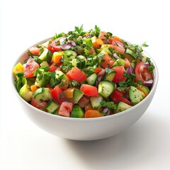 Vibrant mixed vegetable salad in a white bowl, showcasing fresh tomatoes, cucumbers, peppers, and herbs.
