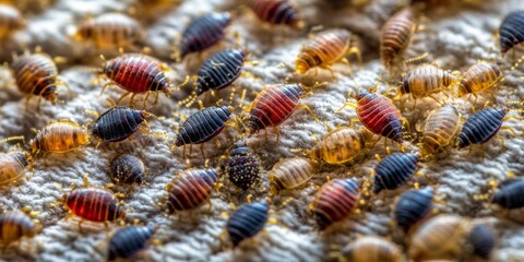 Fototapeta premium Macro view of a bedbugs colony on mattress fabric. This image depicts blood sucking insects including adult bedbugs, larvae, and eggs, showcasing the traces of their vital activity.