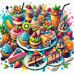 Dessert Buffet A colorful dessert spread is depicted in bold pla