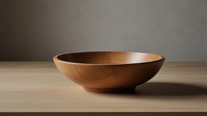 A rustic wooden bowl on a grey backdrop, with a wooden floor enhancing its organic texture and creating a harmonious, natural atmosphere