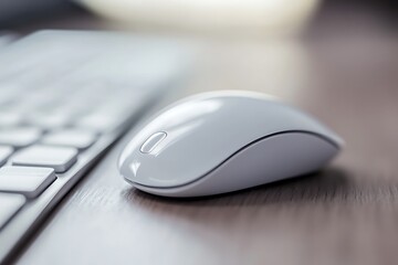 Wireless computer mouse on a desk. Modern technology and office supplies.
