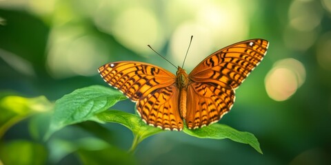 Obraz premium A Great Spangled Fritillary butterfly resting on a leaf, momentarily pausing its flight. This image highlights the butterfly s unique patterns and vivid colors, emphasizing the butterfly s natural