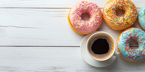 Colorful donuts paired with a coffee cup create a delightful breakfast concept. These colorful donuts showcase glazed sprinkles, making them an appealing sweet bakery treat on a white wooden table.