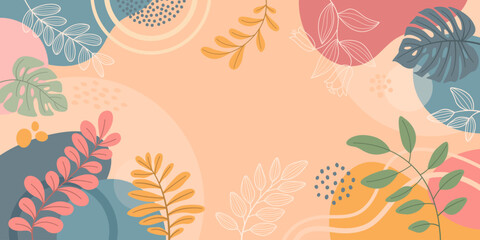 Design banner frame spring background with beautiful for design. Colorful background with tropical plants.