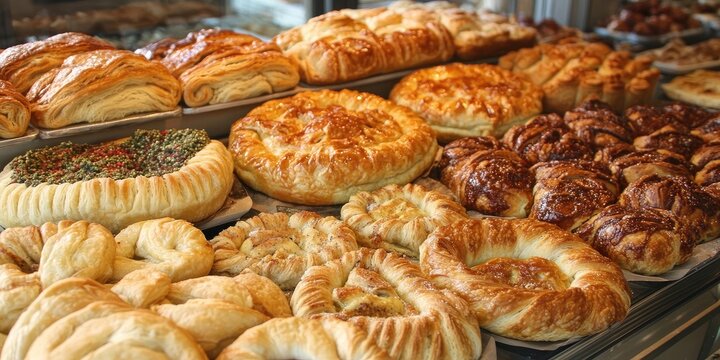 Assorted Turkish pastry products displayed at a bakery showcase, featuring traditional Turkish pastries like pogaca, borek, acma, and ay coregi, highlighting the rich Turkish pastry culture.