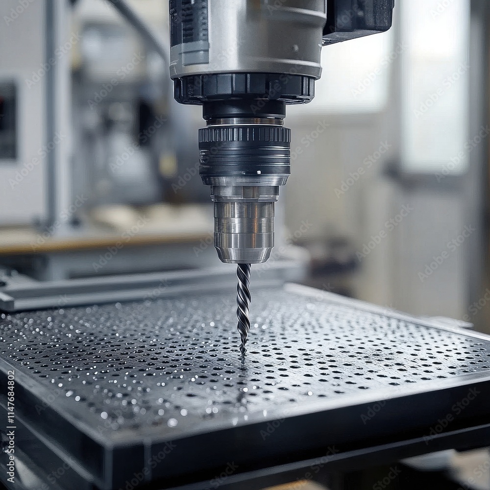 Poster close-up of a drill bit on a machining tool, showcasing precision and engineering in a workshop sett