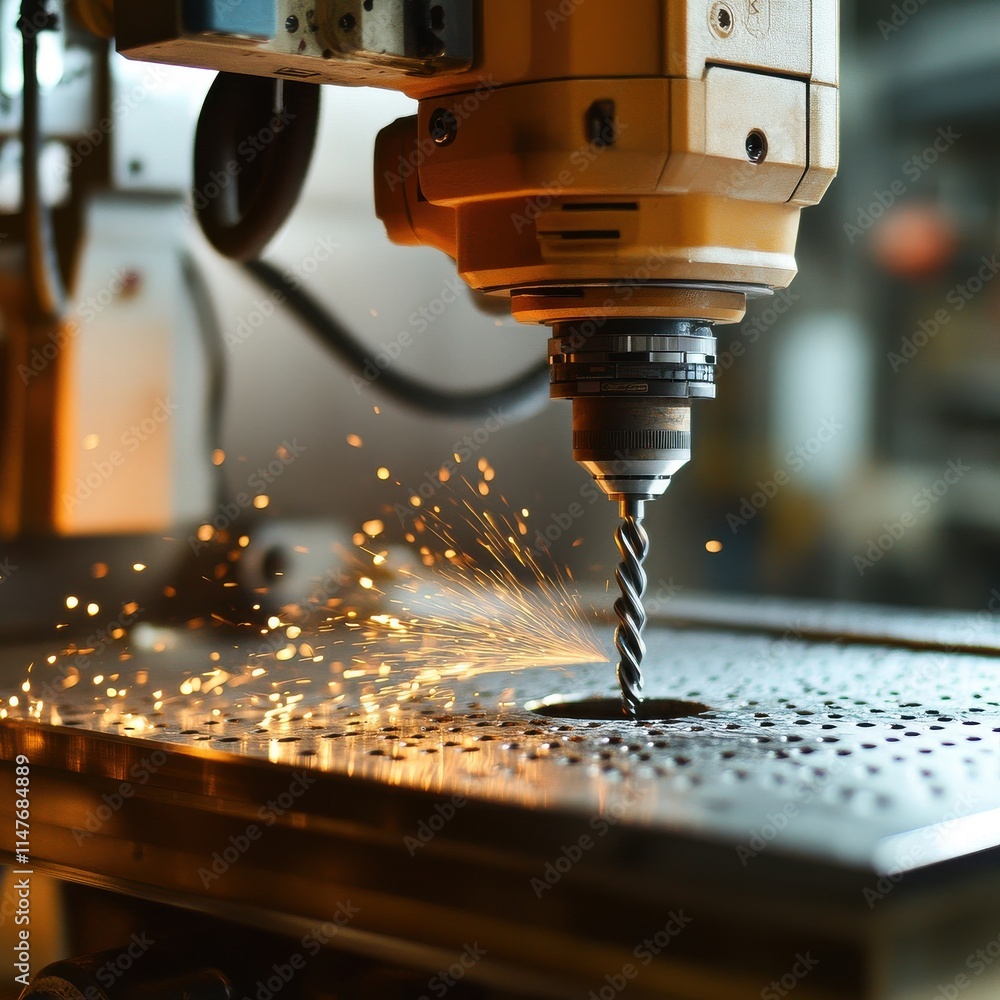 Poster close-up of a cnc drilling machine in action, showcasing sparks and precision engineering.