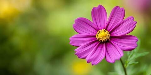 Fototapeta premium A captivating photography of a purple flower featuring a striking yellow center thriving in a vibrant field, showcasing the natural beauty of the flower in a stunning outdoor setting.