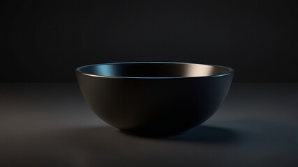 Black bowl isolated on a dark background, with a smooth, glossy surface and minimalistic design, creating a striking contrast