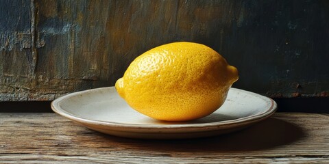 Close up image featuring a lemon resting on a plate, with a textured wooden background enhancing the vibrant appearance of the lemon. This lemon detail creates an appealing visual.