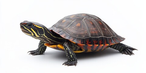 Obraz premium Pond slider displayed in solitude against a clean white background, showcasing the unique features and colors of this vibrant pond slider species for a captivating visual experience.