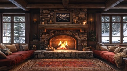Fototapeta premium Cozy cabin, stone fireplace, winter scene.