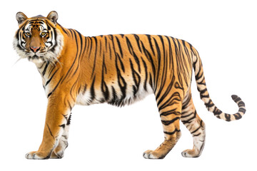 Obraz premium Majestic Tiger Stands Proudly, Showcasing Stripes on Dark Background, Wildlife Portrait.