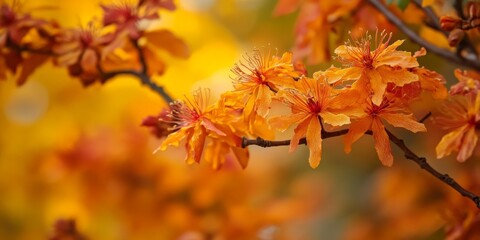 Obraz premium Autumn blooms of the common witch hazel shrub showcase its unique flowers. The common witch hazel exhibits vibrant blooms during the fall season, highlighting its natural beauty.