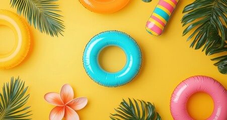 Colorful Summer Pool Accessories on Bright Yellow Background