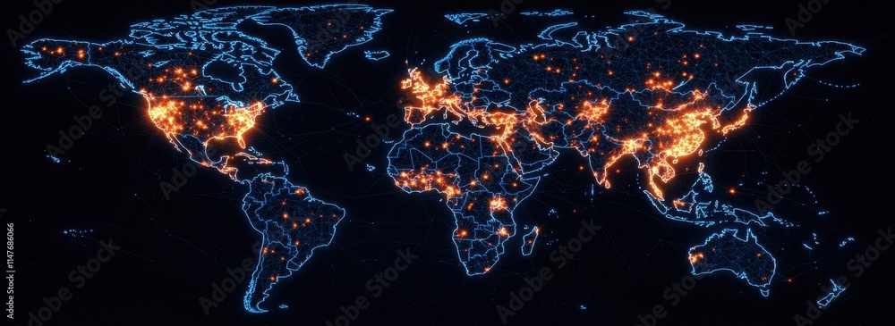 Poster global network connections illuminated world map