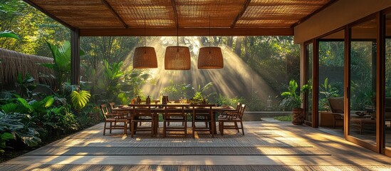Dining table under pergola in sunlit tropical garden.