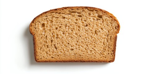A slice of brown bread sits elegantly on a white background, showcasing its rich texture and inviting color. This brown bread slice is perfect for various culinary uses and presentations.