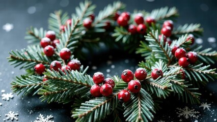 Festive evergreen wreath adorned with bright red berries and snowflakes showcasing holiday spirit