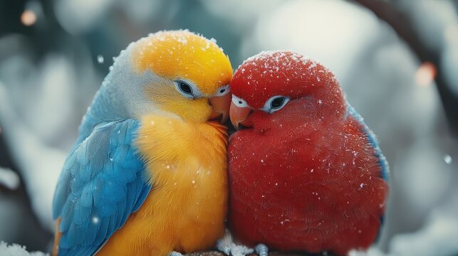 Two colorful parakeets cuddling in the snow.  Close-up view of affectionate birds 