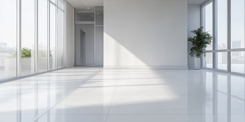 Obraz premium New apartment featuring an empty room that showcases a bright white tiled floor, providing a perfect space for creativity and design. Explore the possibilities in this new apartment setting.