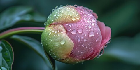 Peony bud adorned with droplets after rain, showcasing the delicate beauty of peony buds as they glisten with freshness, capturing the essence of nature after a refreshing rain shower.