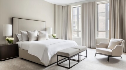 Minimalist modern guest bedroom with clean, stylish design. Featuring neutral tones and sleek furnishings