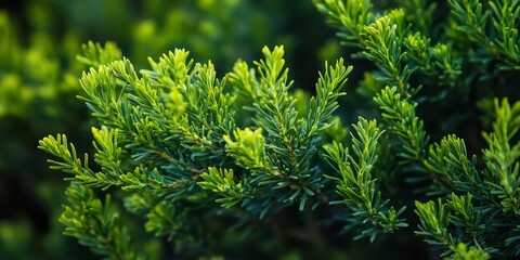 Close up of young green juniper branches showcasing their vibrant color and texture, captured in shallow depth of field, highlighting the beauty of young green juniper foliage.