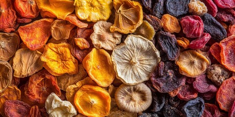 Close up view of dried fruits, showcasing various types of dried fruits in rich textures and colors. This close up of dried fruits highlights their natural beauty and unique features.