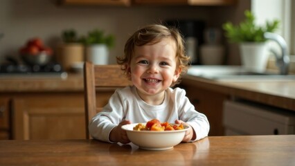 Happy child enjoys colorful fruit bowl in a cozy kitchen setting during morning time