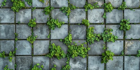Seamless top view showcasing weeds thriving among neglected concrete tiles, highlighting the texture and contrast of nature reclaiming space in this unique setting of weeds and concrete.