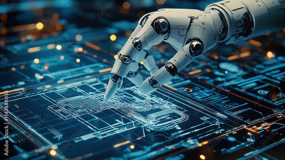 Poster technological collaboration: robotic arm and human hand constructing 3d model with virtual blueprint