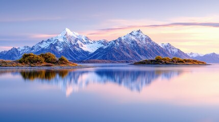 Serene sunrise over snow-capped mountains reflected in calm lake.