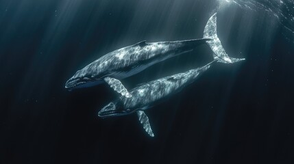 Fototapeta premium Two humpback whales swim together in deep ocean water, sunlight filtering from above.