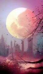 a full moon that is shining over a city background artwork