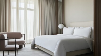 Minimalist modern guest room with refined, clean decor. Featuring soft hues and sleek lines