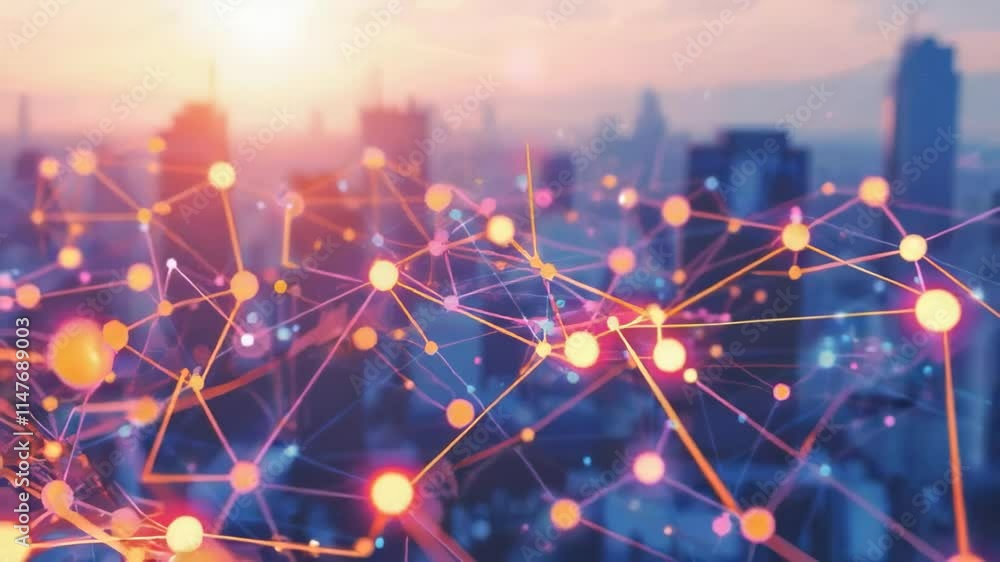 Poster stunning network visualization of connected nodes overlaid on a cityscape in twilight