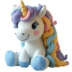 Pastel-colored plush unicorn toy with emblem hairband, transparent PNG for cuddly merchandise