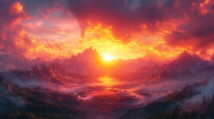 Fototapeta premium Fiery sunset over majestic, volcanic mountains.