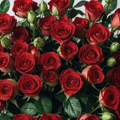 Obraz premium A beautiful bouquet of vibrant red roses arranged neatly, with delicate petals and soft green leaves, set against a white background.