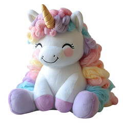 Multicolored plush unicorn toy with pastel-hued mane and tail, transparent PNG for retail or online marketplace use
