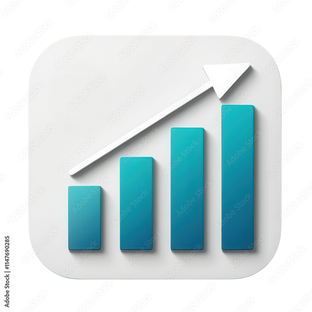 Poster a minimalist icon depicting a bar graph with an upward arrow, symbolizing growth, progress, and data
